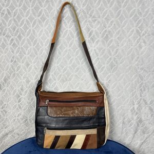 Vtg Y2K Patchwork Leather Crossbody Purse Bag Brown Black Boho Western Festival